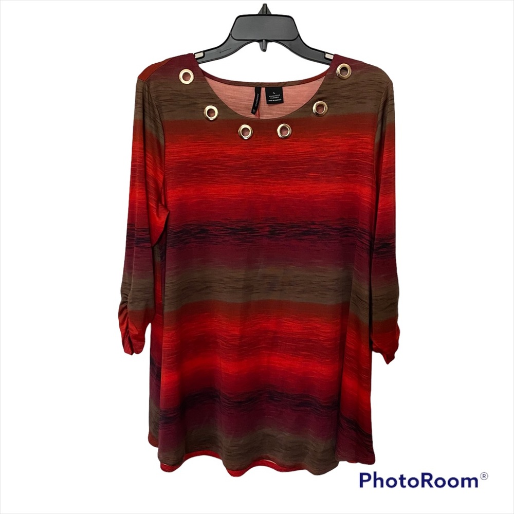 New Directions Striped Top with Gold Detail & Ruched 3/4 Sleeves Size LG